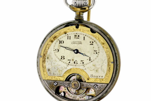 Timekeepersclayton Chateau Cadillac 8 Day Pocket Watch Openscape Plated Engraved Case 6 Jewel Movement