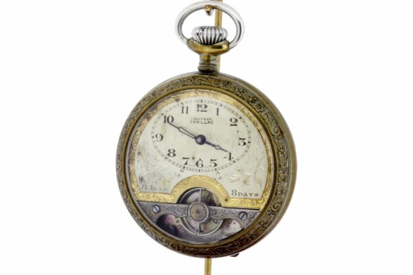 Timekeepersclayton Chateau Cadillac 8 Day Pocket Watch Openscape Plated Engraved Case 6 Jewel Movement