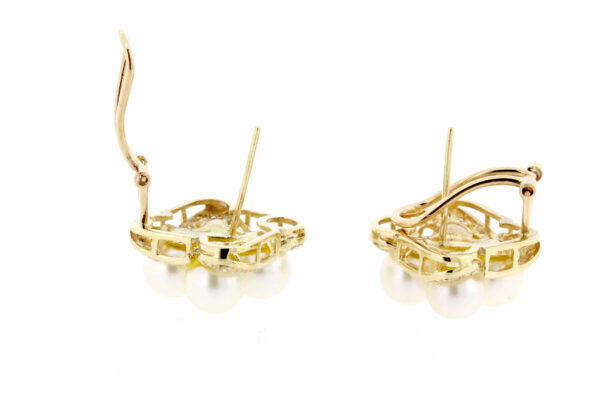 Timekeepersclayton Chic 14K Yellow Gold Omega Back Pearl Earrings with Diamond Accents Quadrilfoil