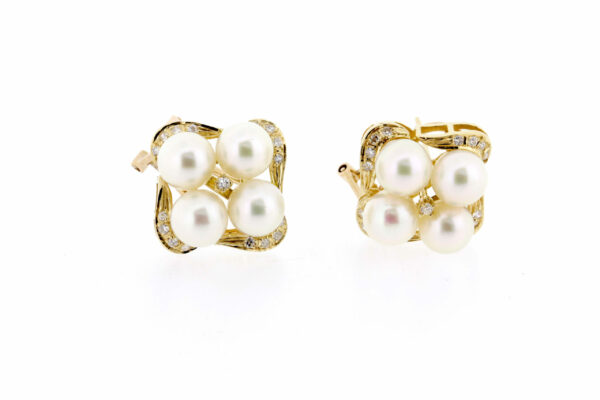 Timekeepersclayton Chic 14K Yellow Gold Omega Back Pearl Earrings with Diamond Accents Quadrilfoil