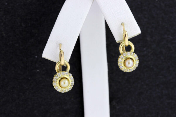 Timekeepersclayton Cream Pearl with Diamond Halo in 14K Yellow Gold Earrings
