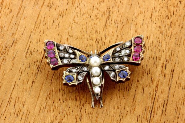 Timekeepersclayton Cute Victorian Pearl Sapphire and Diamond Butterfly Brooch Gold and Silver