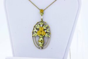 Timekeepersclayton Delicate Two Tone 14K Gold Flower Vase Pendant with Pearl Accents
