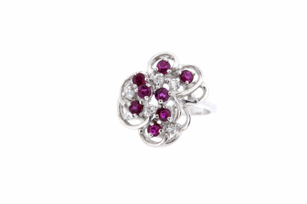Timekeepersclayton Delightful 14K White gold Ruby and Diamond Ring Swirling Ribbons