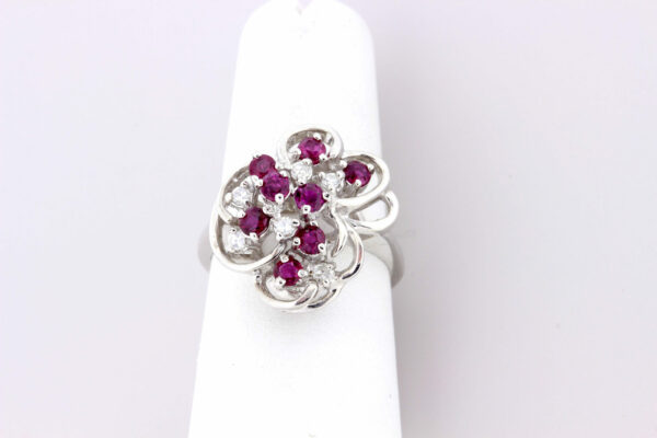 Timekeepersclayton Delightful 14K White gold Ruby and Diamond Ring Swirling Ribbons