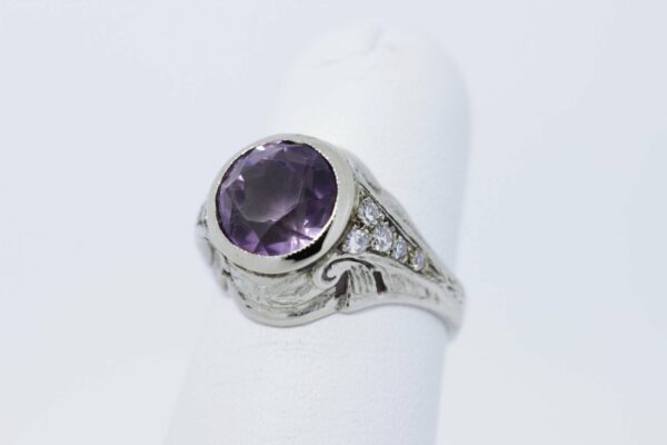 Timekeepersclayton Diamond and Amethyst Hand Engraved 14K Gold Ring
