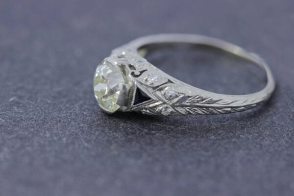 Timekeepersclayton Feather Engraved Diamond Ring in Platinum with French Cut Sapphires and Milgrain