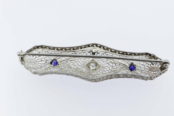Timekeepersclayton Filigree Hearts and Vines 14K Gold Brooch with French Cut Sapphires and Pave set Diamond