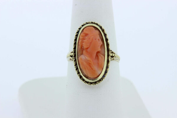 Timekeepersclayton Filigree Pink Carved Cameo Ring in 14K Yellow Gold