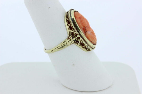 Timekeepersclayton Filigree Pink Carved Cameo Ring in 14K Yellow Gold
