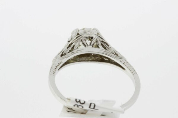 Timekeepersclayton Flower Hand Engraved Diamond Solitaire Ring in 18K White Gold