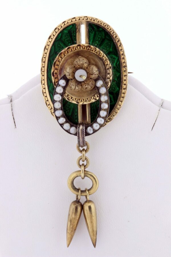 Timekeepersclayton Gold and Silver Green Enameled and Pearl Victorian Era Brooch