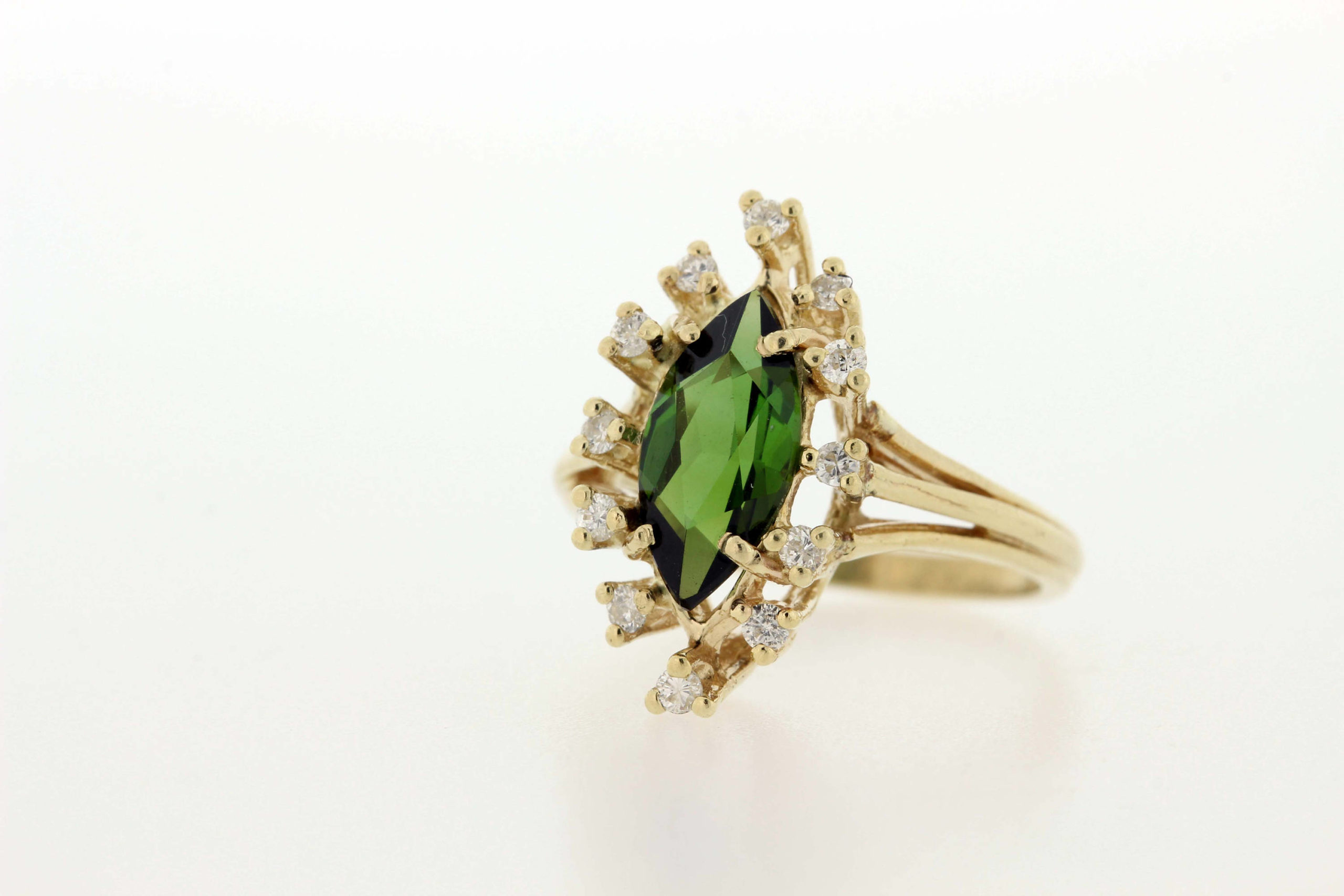 Big vivid green tourmaline engagement ring, nature inspired gold ring with  accent diamonds / Patricia | Eden Garden Jewelry™