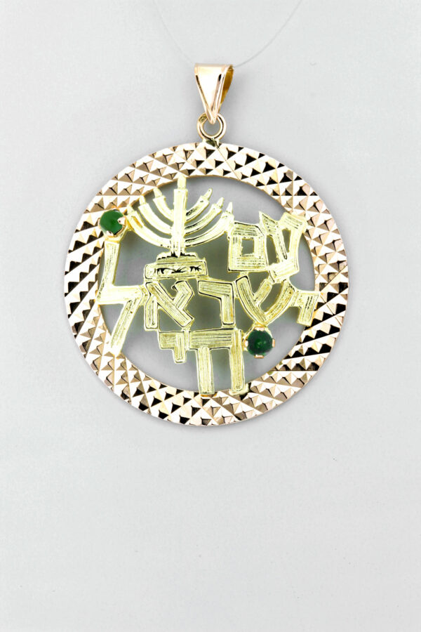 Timekeepersclayton 14K Gold Judaic Menorah Charm Hand Engraved Jade Accents Pendant