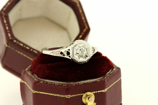 Timekeepersclayton Whimsical Vintagel Filigree Ring with Diamond Solitaire 0.15ct 14K Gold Hearts