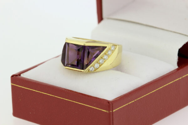 Timekeepersclayton 18K Yellow Gold Bold Angular Cut Amethyst Ring with White Diamonds