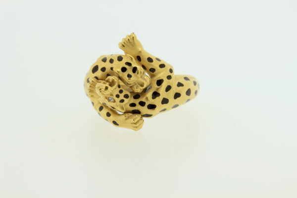 Timekeepersclayton Carrera Y Carrera Entwined Spotted Leopard Ring 18K Yellow Gold and Black Enamel White Diamond Eyes
