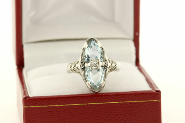 Timekeepersclayton 18K Gold Ring with Blue Topaz Shield Cut with Flower and Filigree Accents