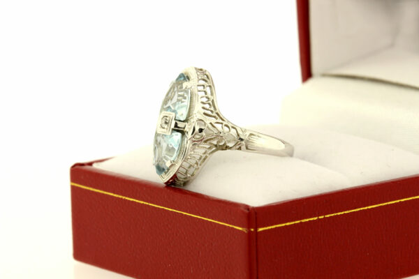 Timekeepersclayton 18K Gold Ring with Blue Topaz Shield Cut with Flower and Filigree Accents