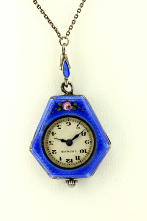 Sterling silver and Blue enamel Necklace Watch C.Bucherer Swiss Movement 15 Jeweled Flowers