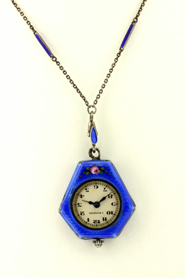 Timekeepersclayton Sterling silver and Blue enamel Necklace Watch C.Bucherer Swiss Movement 15 Jeweled Flowers