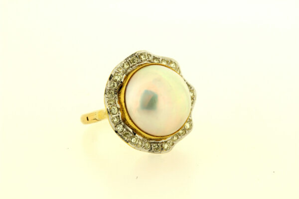 Timekeepersclayton 18K Yellow and White Gold Large Mabe Pearl Ring with Ruffle Diamond Halo Arthritic Arthritis