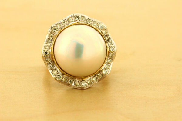 Timekeepersclayton 18K Yellow and White Gold Large Mabe Pearl Ring with Ruffle Diamond Halo Arthritic Arthritis