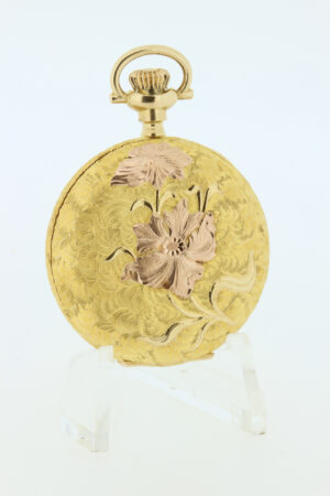 14K Gold Illinois Watch Co Pocket Watch 17 Jeweled Movement "O" Size Flower Poppy Engraved Case