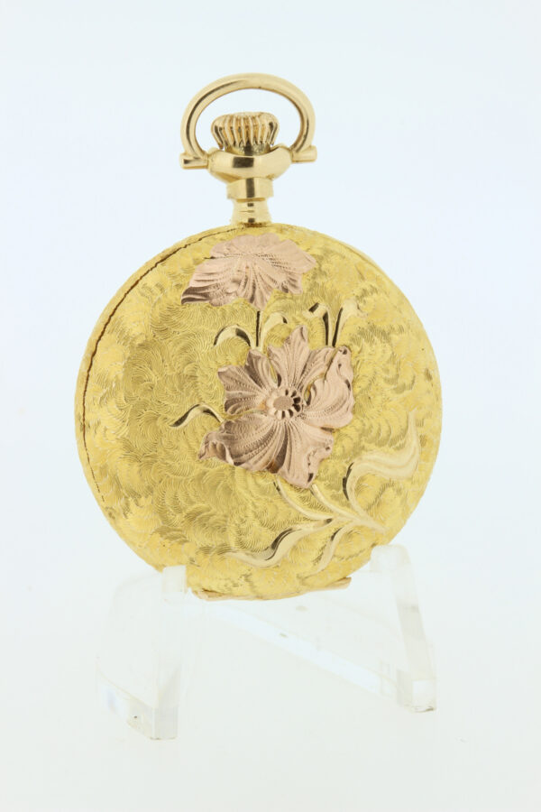 14K Gold Illinois Watch Co Pocket Watch 17 Jeweled Movement "O" Size Flower Poppy Engraved Case
