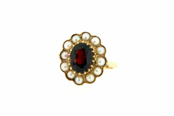 Timekeepersclayton 9K Yellow Gold Vintage Oval Cut Garnet and Pearl Halo Ring