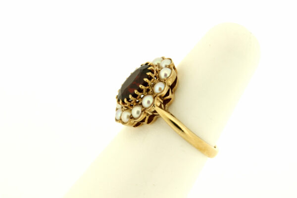Timekeepersclayton 9K Yellow Gold Vintage Oval Cut Garnet and Pearl Halo Ring
