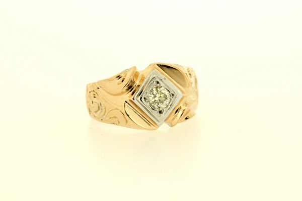 Timekeepersclayton Vintage 14K Gents Solitaire Diamond Ring Engraved Scroll Work Swirl 0.33ct Diamond
