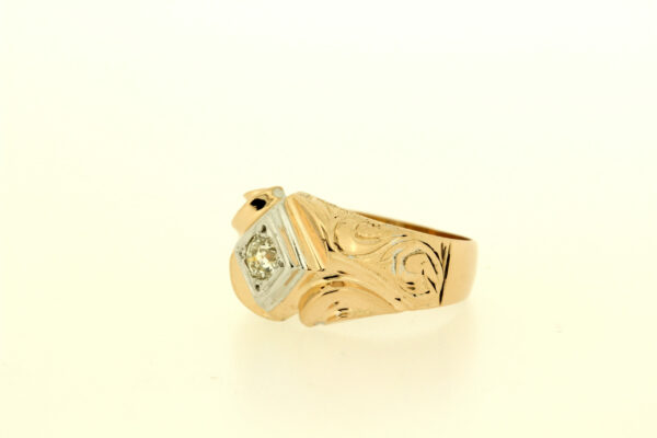 Timekeepersclayton Vintage 14K Gents Solitaire Diamond Ring Engraved Scroll Work Swirl 0.33ct Diamond