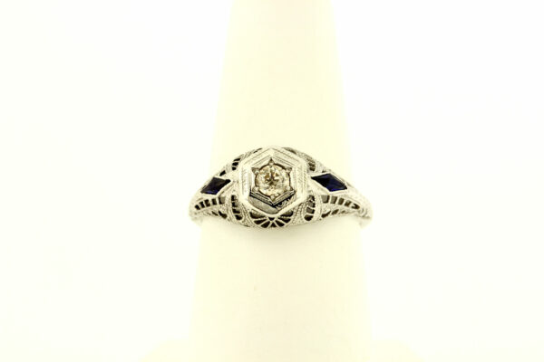 Timekeepersclayton 14K Gold Ring with Blue French Cut Accents and Filigree