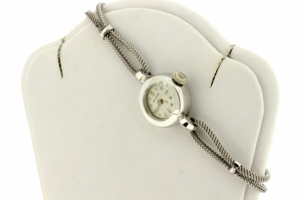 Timekeepersclayton 1950s Ladies Bulova Wrist Watch 14K White Gold Case with Stainless Steel Bracelet