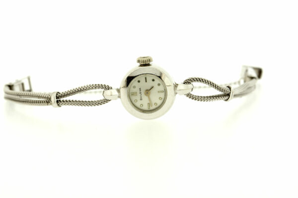 Timekeepersclayton 1950s Ladies Bulova Wrist Watch 14K White Gold Case with Stainless Steel Bracelet