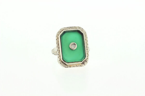 Timekeepersclayton Engraved Swirl Ring 14K Gold 1920s Green slab with white diamond accent