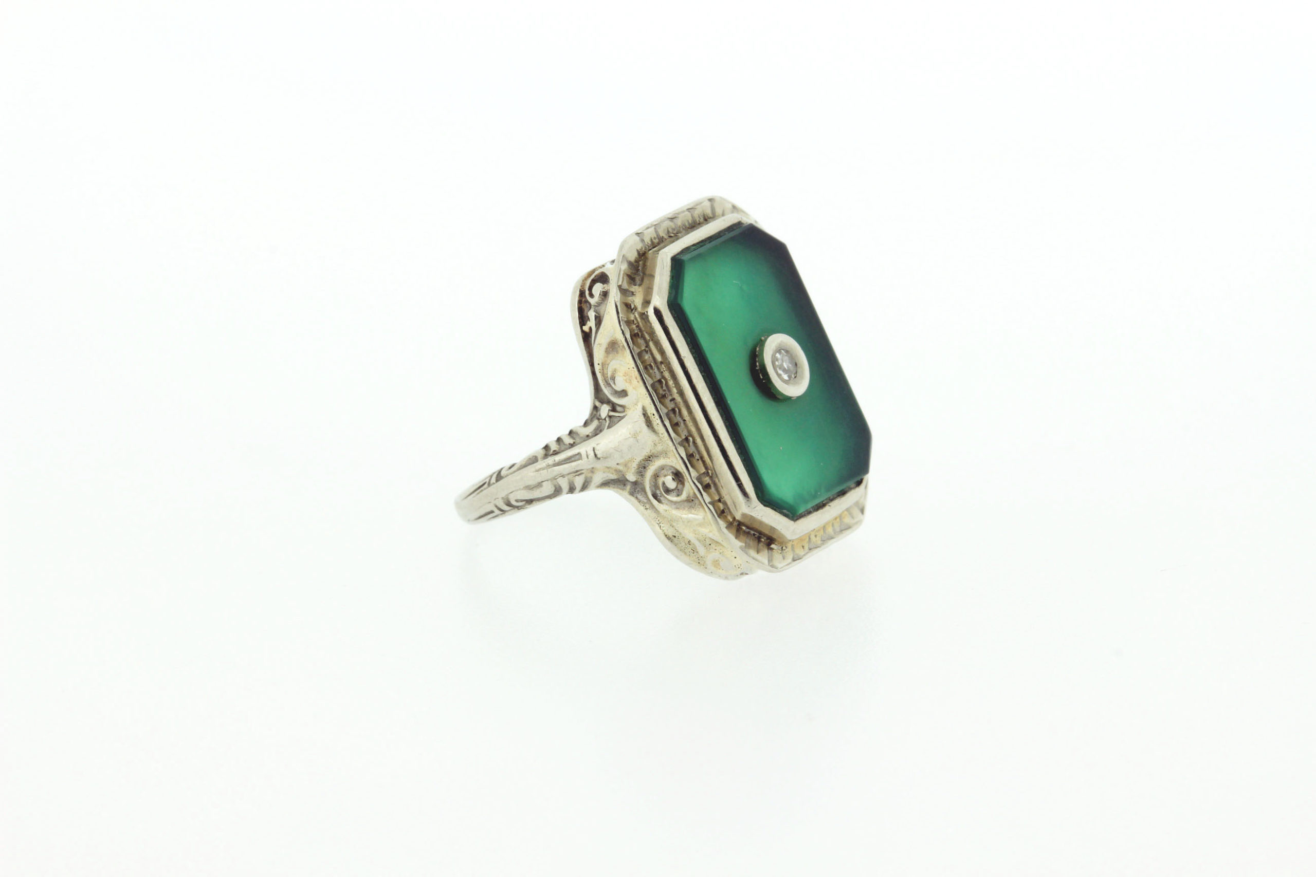 Engraved Swirl Ring 14K Gold 1920s Green slab with white diamond accent ...