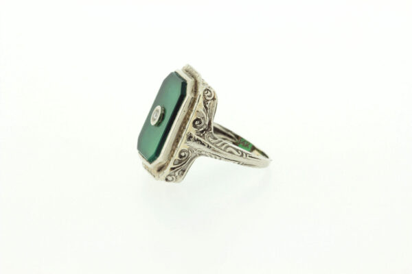 Timekeepersclayton Engraved Swirl Ring 14K Gold 1920s Green slab with white diamond accent