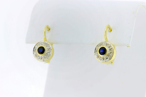 Timekeepersclayton Vintage Lever Back 14k Yellow Gold Earrings Blue Synthetic Sapphire and CZ Halo