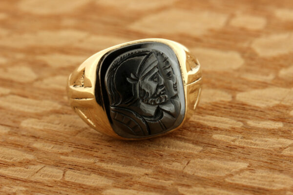 Timekeepersclayton 14K Gold Carved Soldiers Hematite Ring Signet Vintage