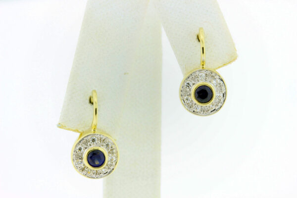 Timekeepersclayton Vintage Lever Back 14k Yellow Gold Earrings Blue Synthetic Sapphire and CZ Halo