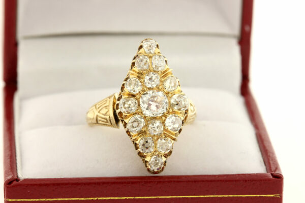 Timekeepersclayton 14K Yellow Gold 1.50ct Diamond Cluster Ring Almond Marquise shaped Vintage Geometric Engraved Shank
