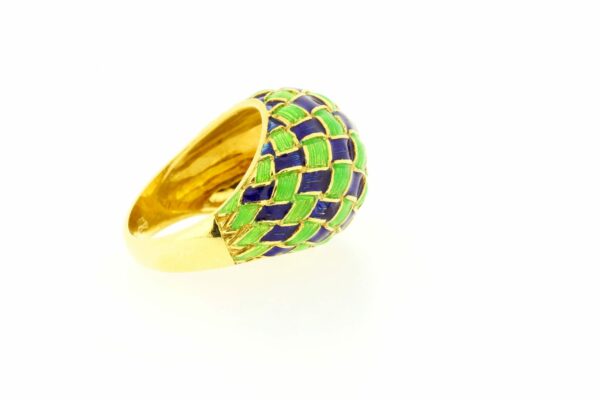 Timekeepersclayton 18K Gold Ring with Diamond Jacquard Blue and Green Enamel Accents