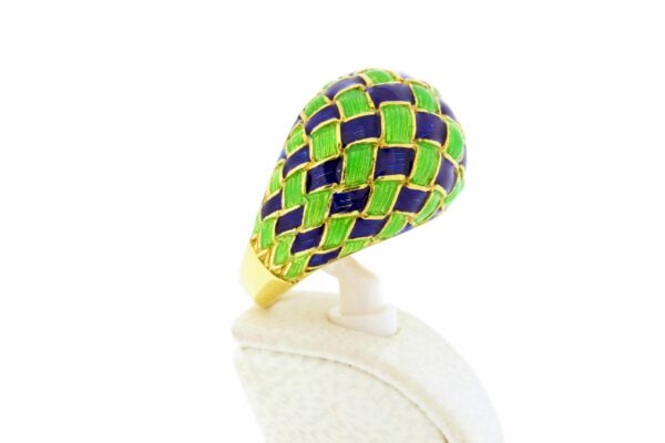 Timekeepersclayton 18K Gold Ring with Diamond Jacquard Blue and Green Enamel Accents
