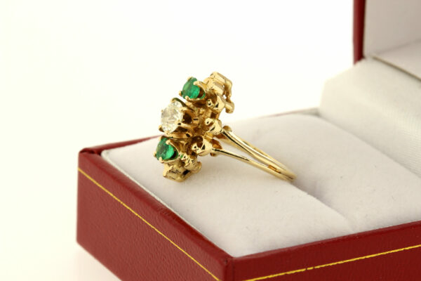 Timekeepersclayton 14K Yellow Gold Vintage Green Emerald and Diamond Swirl Ring Trio Stone