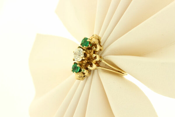 Timekeepersclayton 14K Yellow Gold Vintage Green Emerald and Diamond Swirl Ring Trio Stone