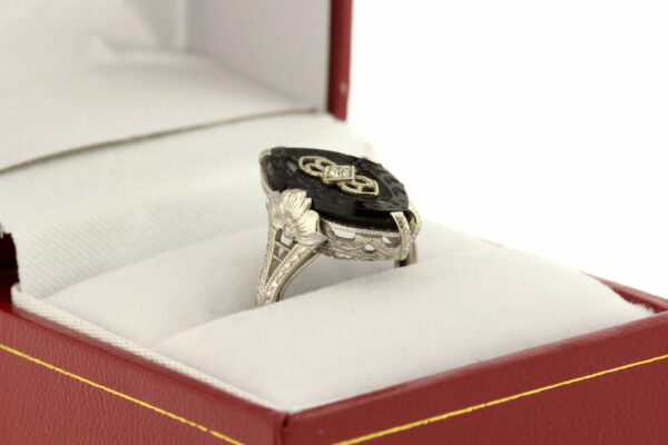 Timekeepersclayton Marquise Shaped Black Onyx Flower Floral Carved Ring Filigree