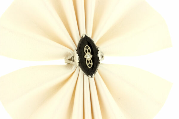 Timekeepersclayton Marquise Shaped Black Onyx Flower Floral Carved Ring Filigree