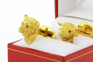 Timekeepersclayton Bull and Bear Cuff Links 18K Yellow Gold with Ruby Eyes Stock Market Day Trader